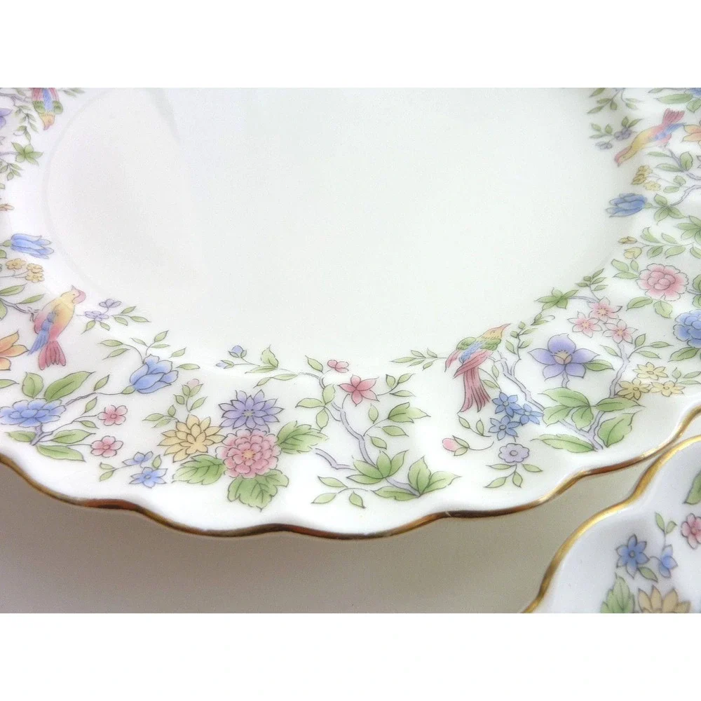 Momoyama Vintage Japanese Bone China Dinner Plates Birds Floral Gold Trim Set 3